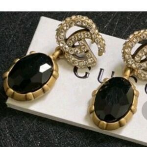 Gucci Gold-Tone Drop Earrings with Black Stones and Crystal GG Motif